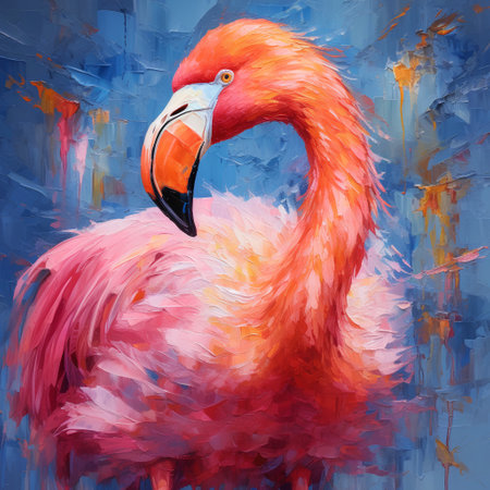 Pink flamingo on a blue background. Oil painting on canvas.の素材