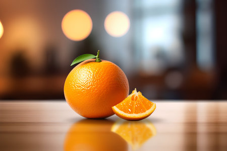 Orange fruit on a wooden table in front of blurred background with bokehの素材