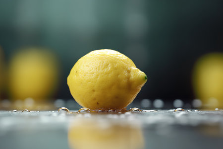 Lemon with water drops on a dark background. Shallow depth of fieldの素材