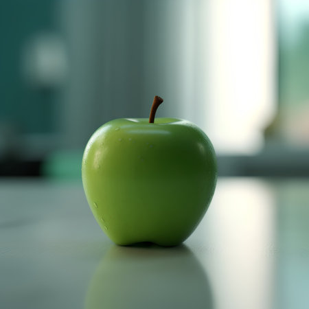 Green apple on the table in the kitchen. Shallow depth of field.の素材