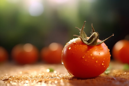 Fresh tomatoes on wooden table with water drops, shallow depth of fieldの素材