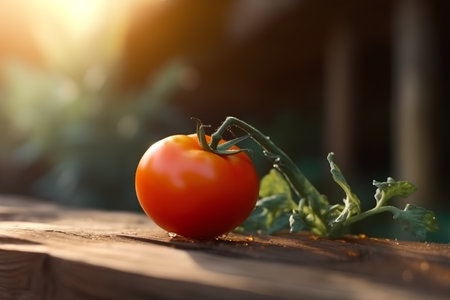 Ripe tomato on a wooden table in the rays of the sunの素材