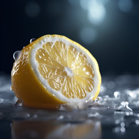 Lemon slice on ice with bokeh background, closeupの素材
