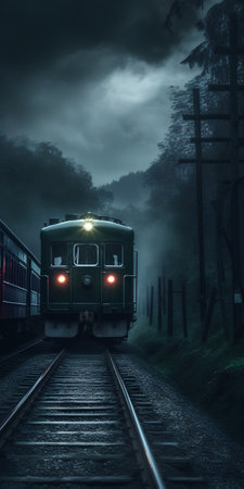Train in the foggy forest at night. 3D rendering.の素材