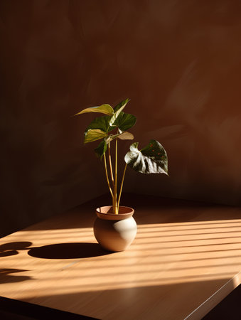 houseplant in a pot on a wooden table with sunlight and shadowsの素材