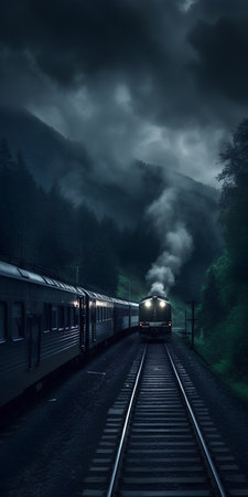 Train in the fog on the railway station in the mountains at nightの素材