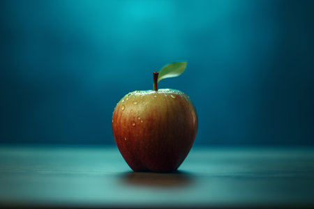 Red apple with green leaf on a blue background. Selective focus.の素材
