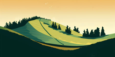Vector illustration of a landscape with hills, fields and trees at sunsetの素材