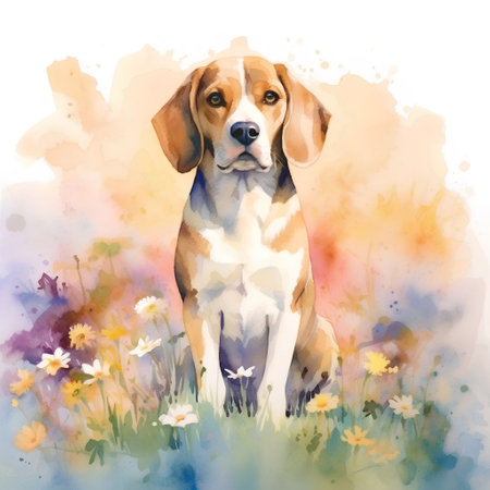 Watercolor portrait of a beagle dog sitting in a meadowの素材