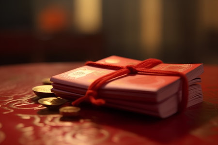 Chinese new year gift box with gold coins on red background, closeupの素材