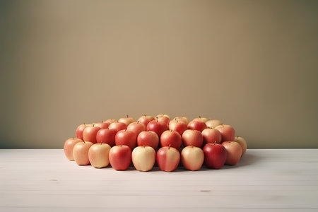 Red apples arranged in a row on wooden table and green wall backgroundの素材