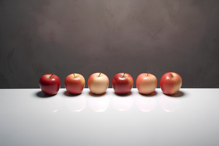 Row of red apples in front of a grey wall with copy spaceの素材