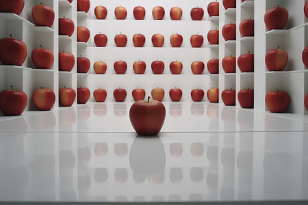3d illustration of red apples in a row in a white roomの素材