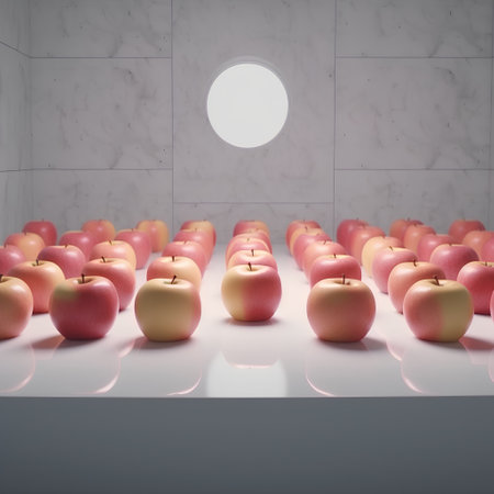 3d rendering of red apples on the floor with a white wallの素材