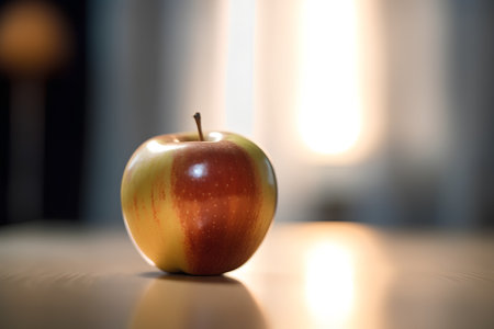 Red apple on a table in front of a window with a blurred backgroundの素材