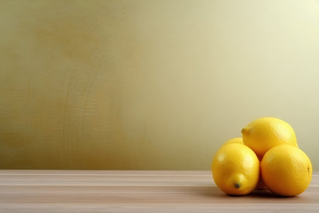 Lemons on a wooden table and yellow background with copy spaceの素材