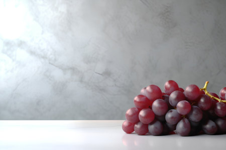 Grapes on a white table against a background of a marble wallの素材