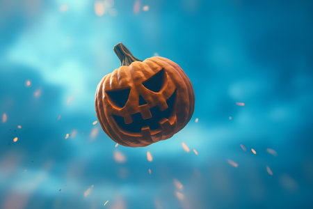 Halloween pumpkin on a blue background. 3D illustration. Halloween concept.の素材