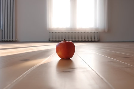 Red apple on a wooden floor in a bright room with a windowの素材
