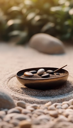 zen stones in a bowl on the sand, shallow depth of fieldの素材