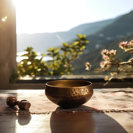 Wooden bowl on a table in front of a window overlooking the mountainsの素材