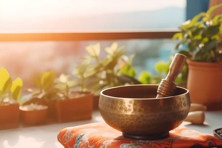 Buddhist singing bowl with incense sticks on a wooden tableの素材