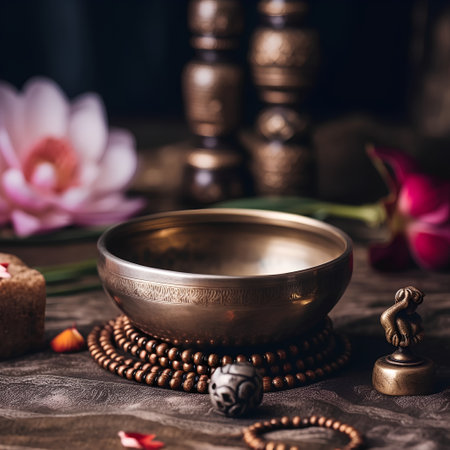 Buddhist tibetan singing bowl with rosary and lotusの素材