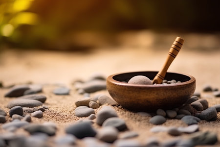 spa still life with massage ball and wooden mortar on sand at sunsetの素材