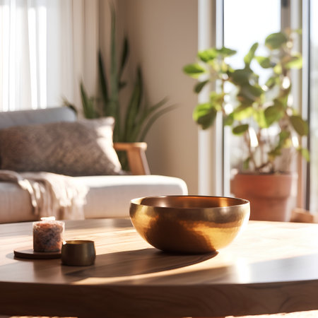 Bowl of tea and candles on wooden table in living room interiorの素材