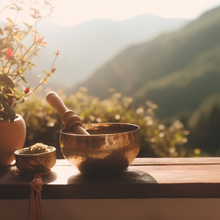 Buddhist singing bowl on terrace with mountain view at sunsetの素材