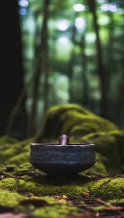 Wooden bowl on moss in a forest. Shallow depth of fieldの素材