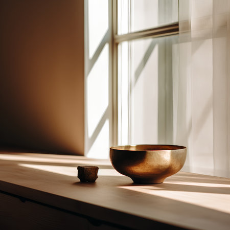 Wooden bowl on a table in a room with a window and sunlightの素材