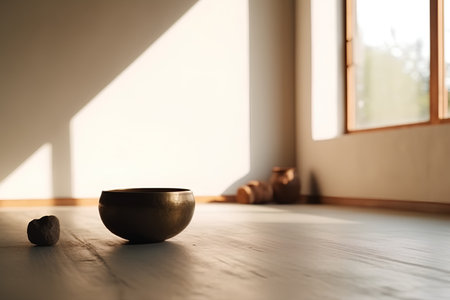 Wooden bowl in a room with sunlight and shadow on the wallの素材