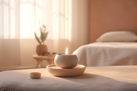 Candle on the bed in the bedroom. 3d rendering.の素材