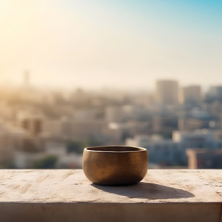 Wooden bowl on a balcony overlooking the city. Selective focus.の素材
