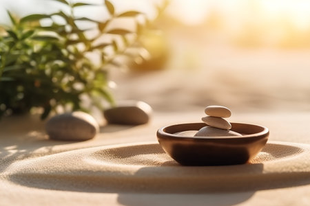zen stones in a bowl on the sand at sunset, spa conceptの素材