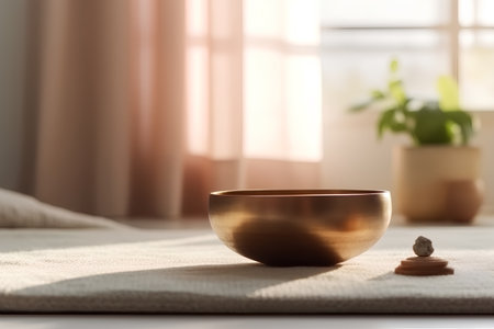 golden bowl on a white table in a room with a windowの素材