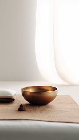 golden bowl and towel on table in spa salon with copy spaceの素材