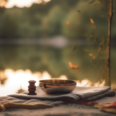 Vintage wooden bowl on a tablecloth near the lake at sunsetの素材