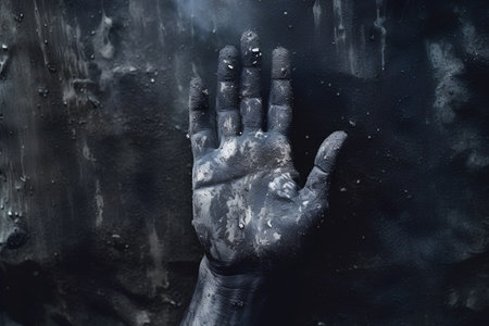 Halloween theme: terrible black zombie hand with dirty hands on dark backgroundの素材