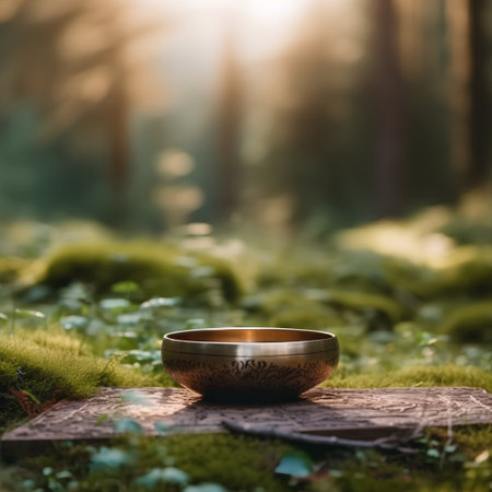 Buddhist bowl in the forest at sunrise. Selective focus.の素材