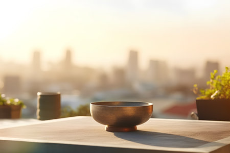Bowl of tea on the terrace with cityscape in the backgroundの素材