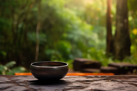 black ceramic bowl on wooden table with nature bokeh background.の素材