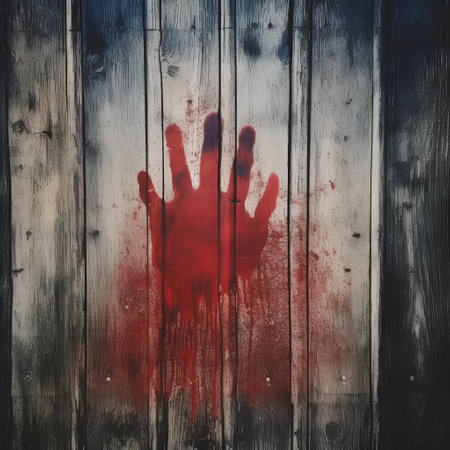 Bloody hand on wooden wall, grunge background. Halloween conceptの素材