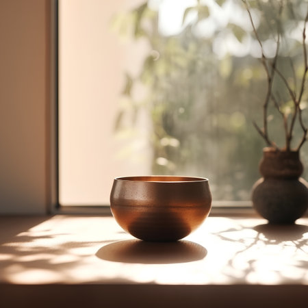 Wooden bowl on the windowsill with a plant in the backgroundの素材
