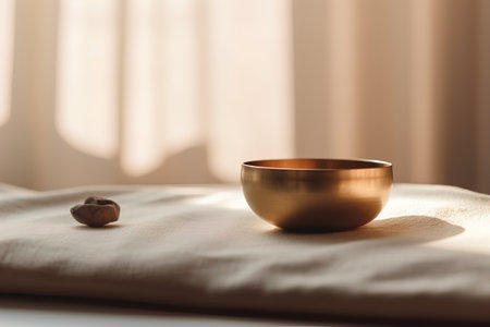 golden bowl on table in morning light with copy space for textの素材