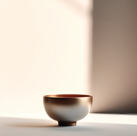 Empty ceramic bowl on white background with shadows from the window. 3d renderの素材