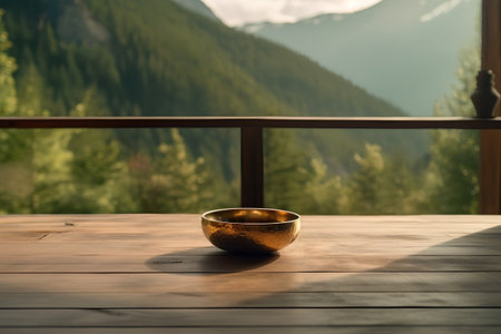 Wooden bowl on a terrace with mountains in the background.の素材