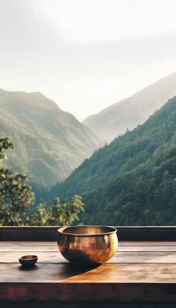 Bowl on wooden table in front of mountain view, vintage styleの素材