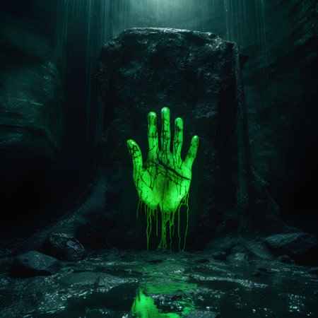 Zombie hand coming out of a hole in the rock with green lightの素材